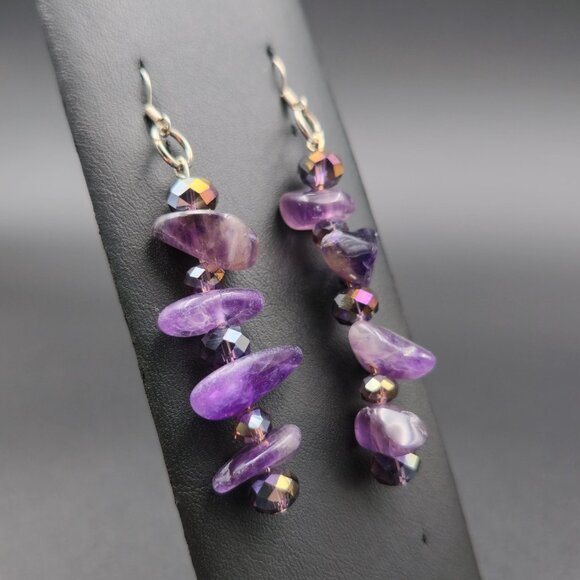 Silver Plated Over Copper Amethyst And Crystal Dangle Earrings B800 - Picture 2 of 6
